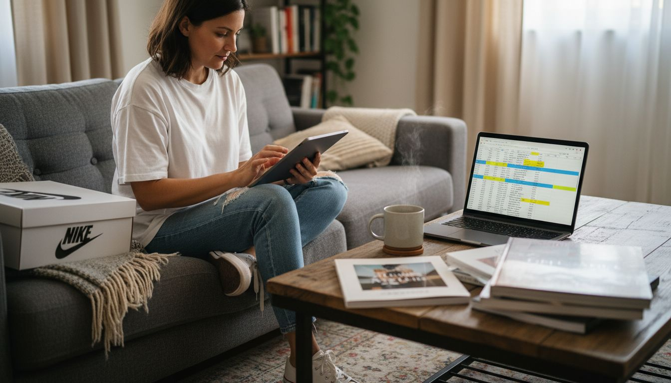Woman analyzing streetwear brand profiles