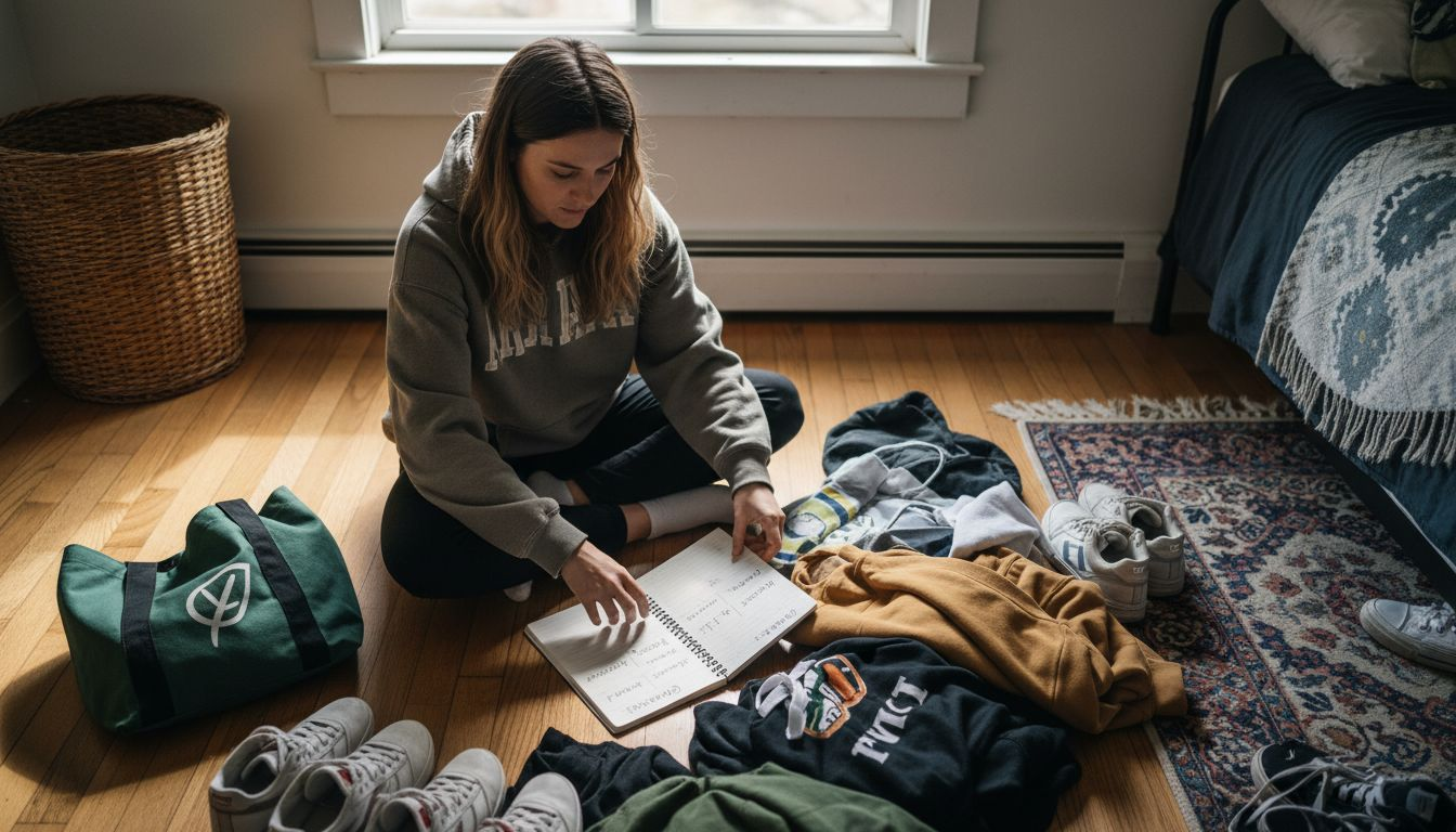 Young woman auditing streetwear for sustainability