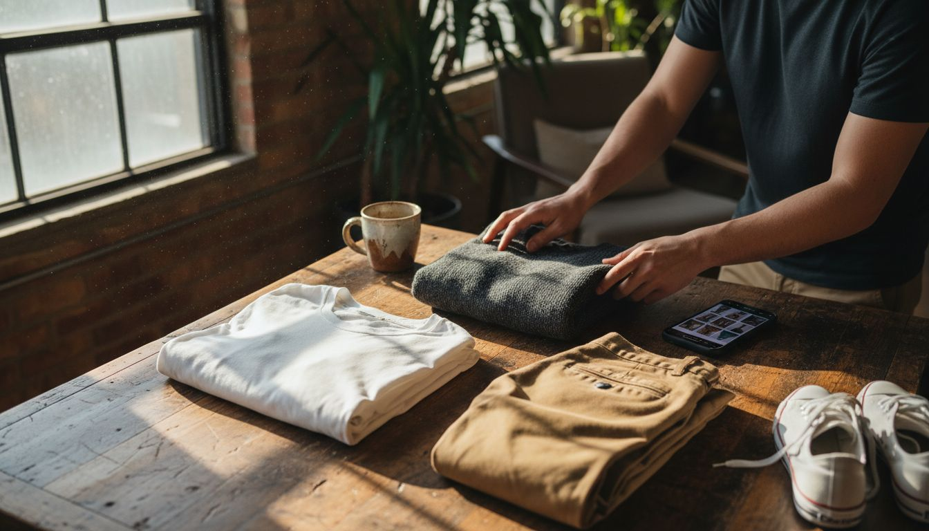 Layered neutral streetwear fabrics and textures