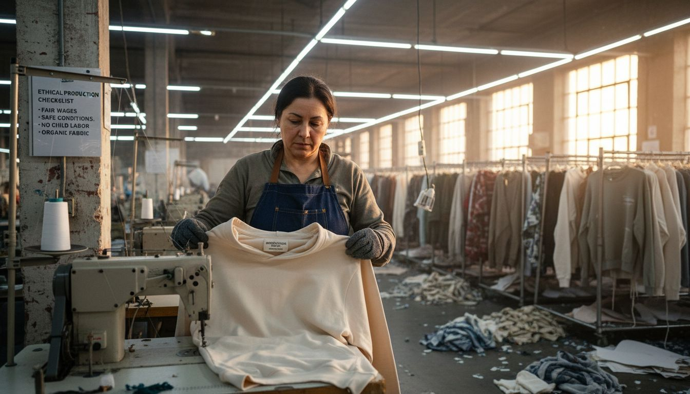 Mitarbeiter prüft Sweatshirt auf dem ethischen Produktionsbereich