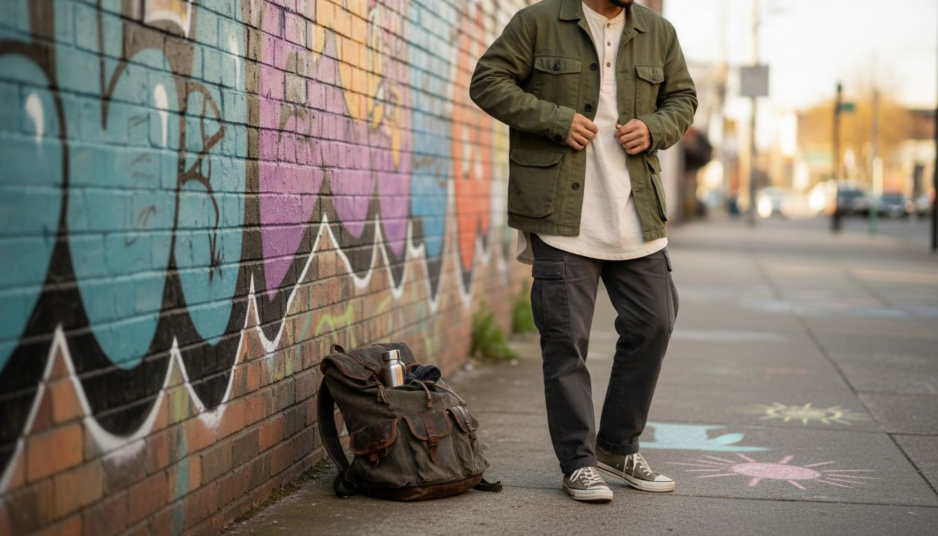 Person in gelayerter gender-neutraler streetwear vor einer Graffiti-Wand