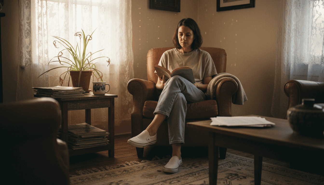 Frau in Casualwear liest zu Hause