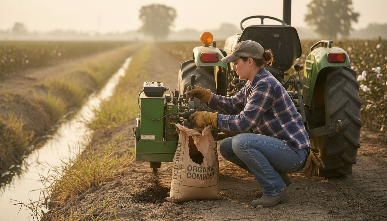 Bio-Baumwollbauer bei der Arbeit in der Nähe eines Traktors