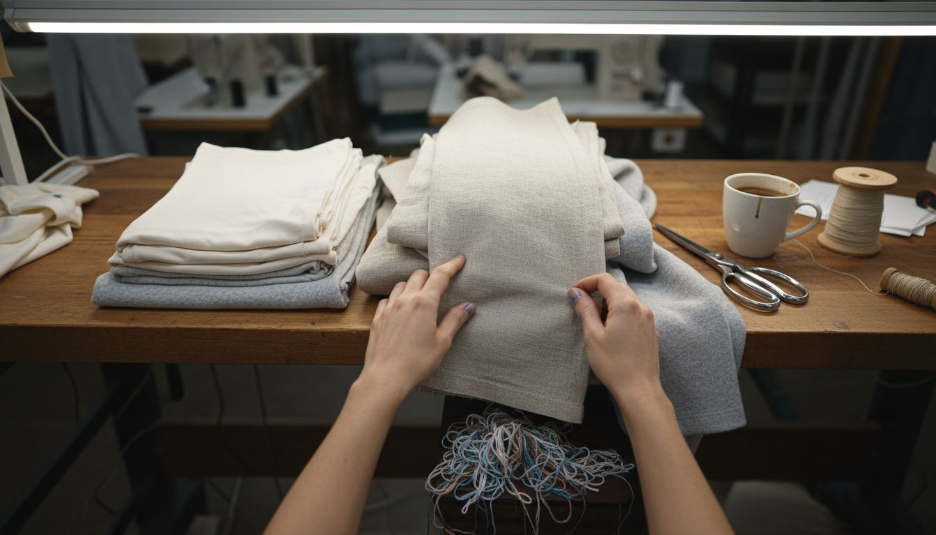 Hände vergleichen Stoffmuster aus recycelten Naturfasern