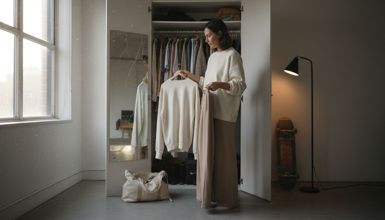 Frau wählt minimalistisches streetwear-Outfit in einem Studio-Apartment