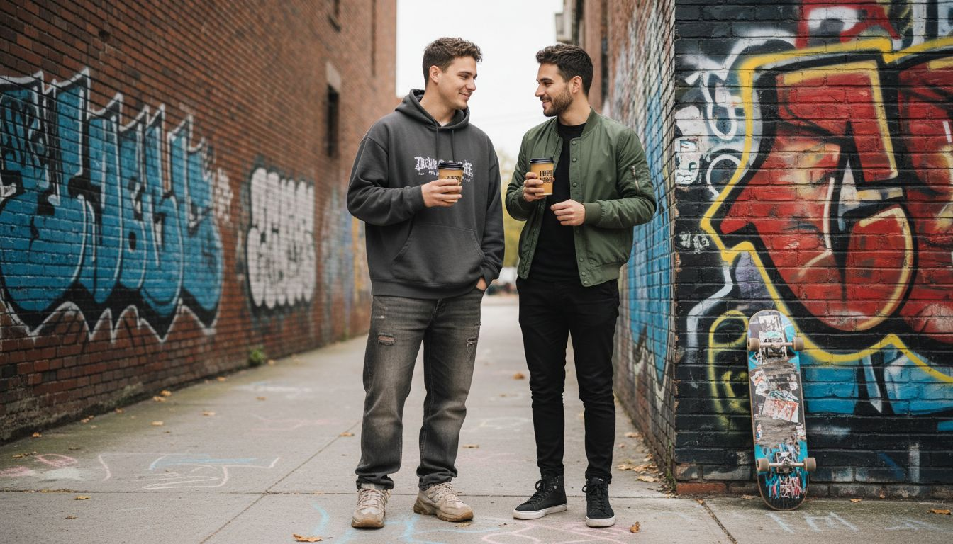 Freunde, die draußen streetwear-Passformen vergleichen