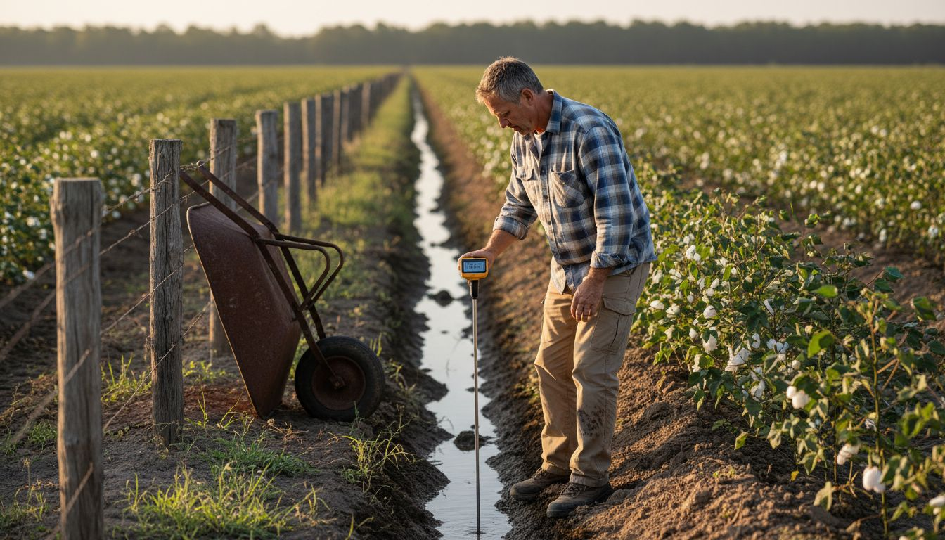 Bio-Bauer prüft den Boden auf einem Baumwollfeld