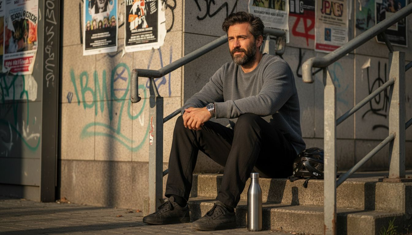 Mann in minimalist streetwear aus Bio-Material an der Straßenbahnhaltestelle