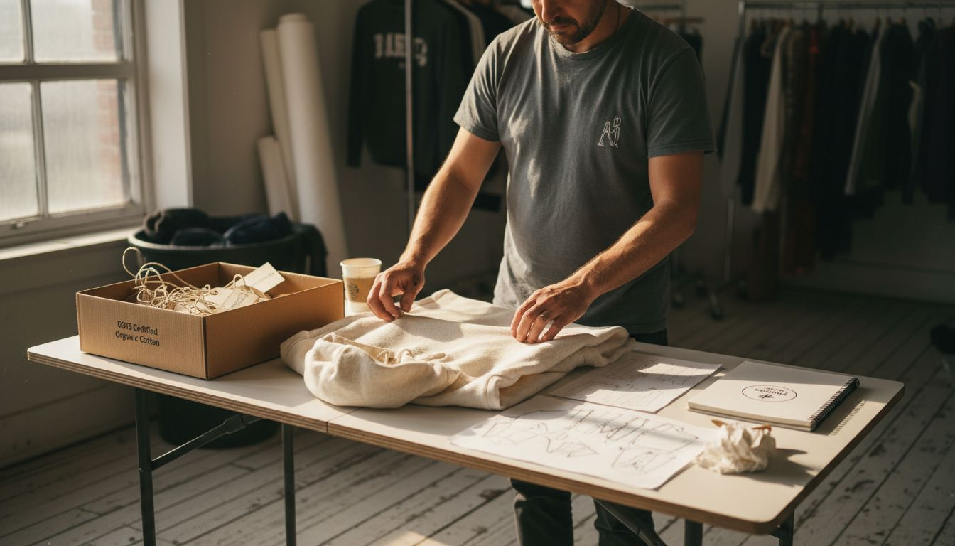 Designer examinant le tissu d’un sweat à capuche en coton biologique