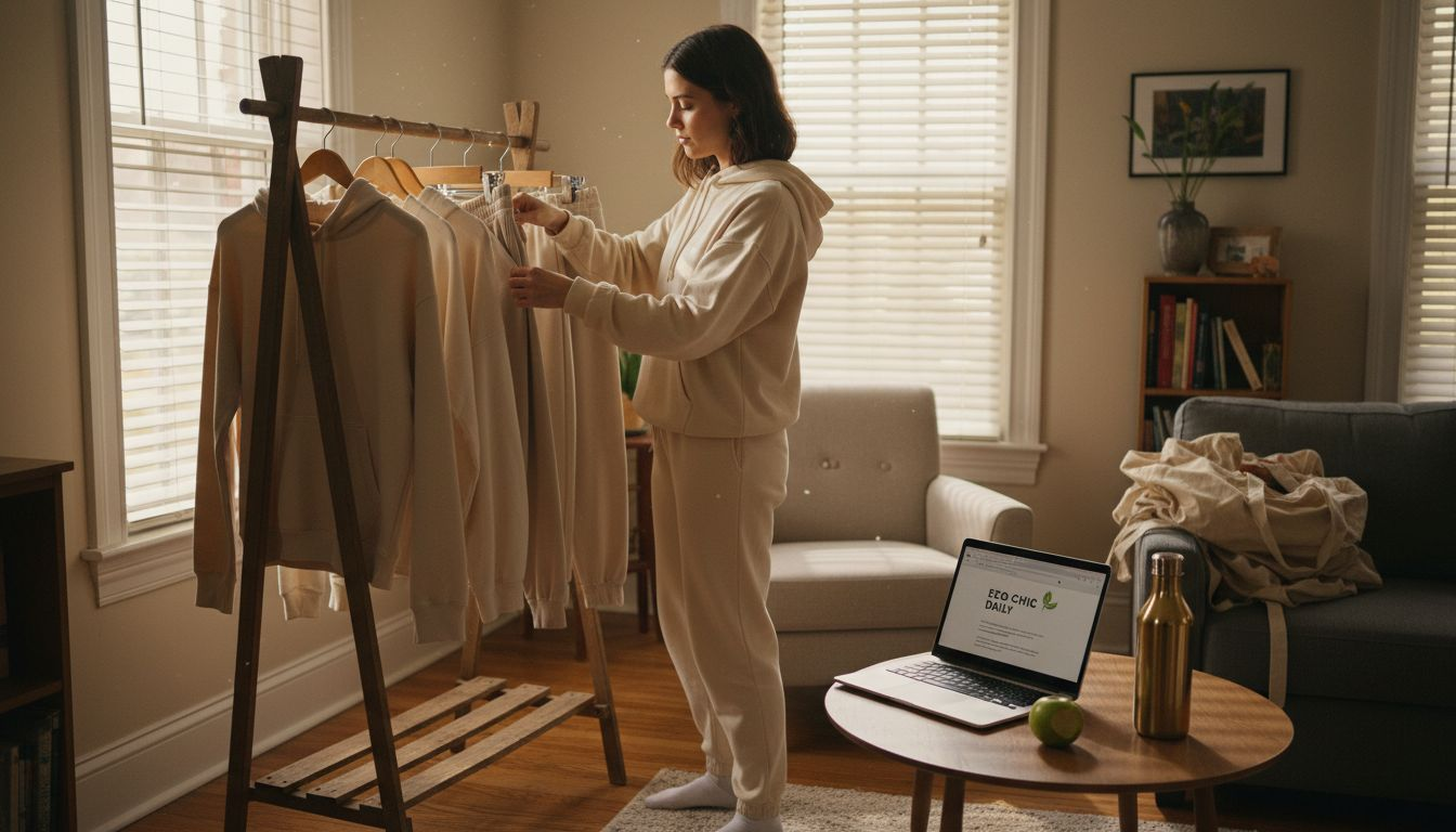 Une femme organise du streetwear recyclé dans un salon lumineux