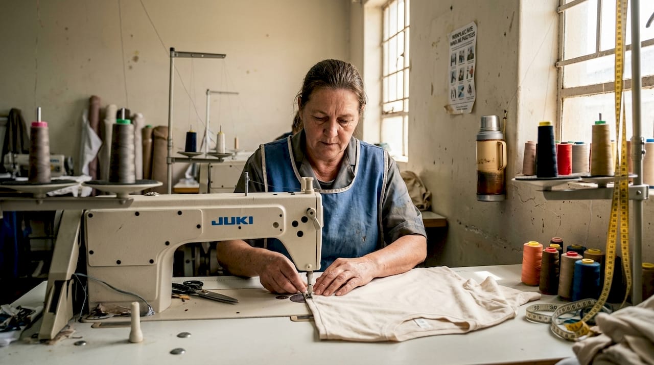 Kledingarbeider naait in een zonovergoten atelier