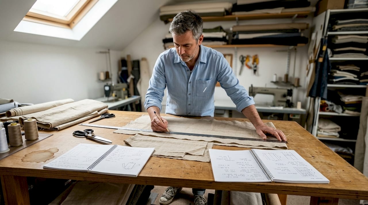 Technician measuring organic hemp cotton fabrics
