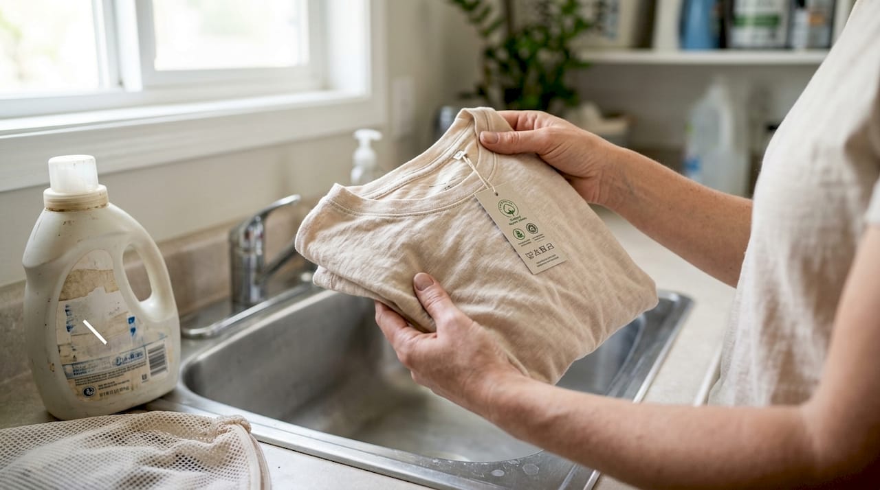 Hands examining organic cotton shirt details
