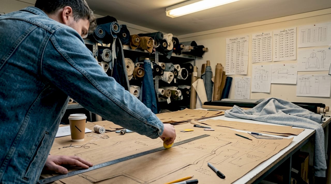 Streetwear designer drafting size-inclusive pattern blocks