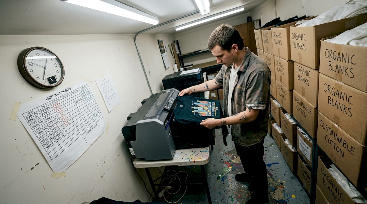 Technician checking eco-friendly streetwear in workshop