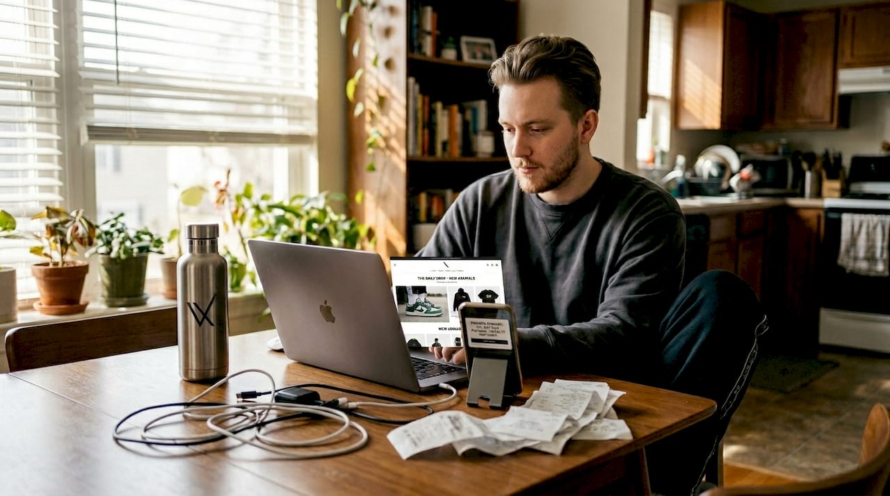 Person, die zu Hause am Schreibtisch streetwear-Shopping und Multitasking macht