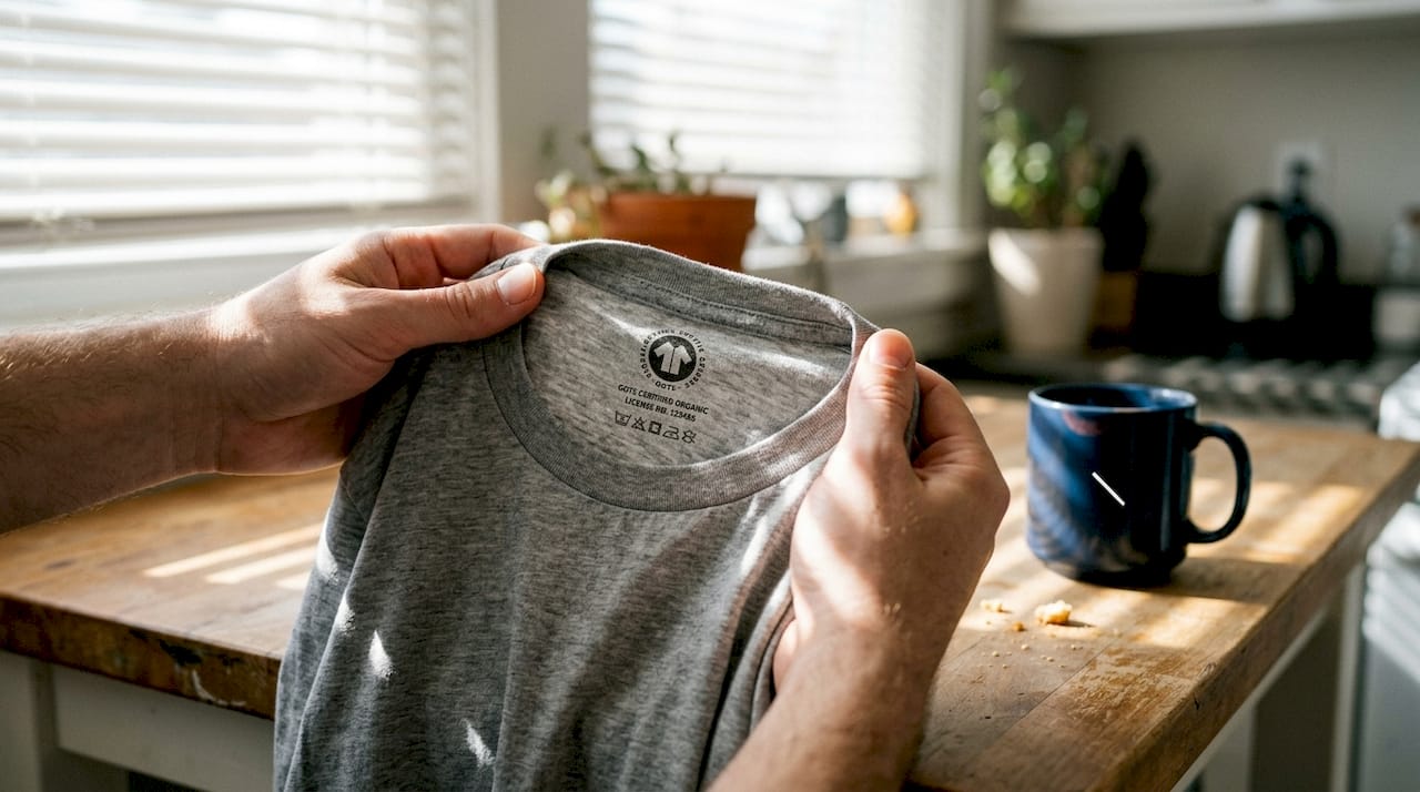 Ръце, които държат риза с етикет за сертификация GOTS