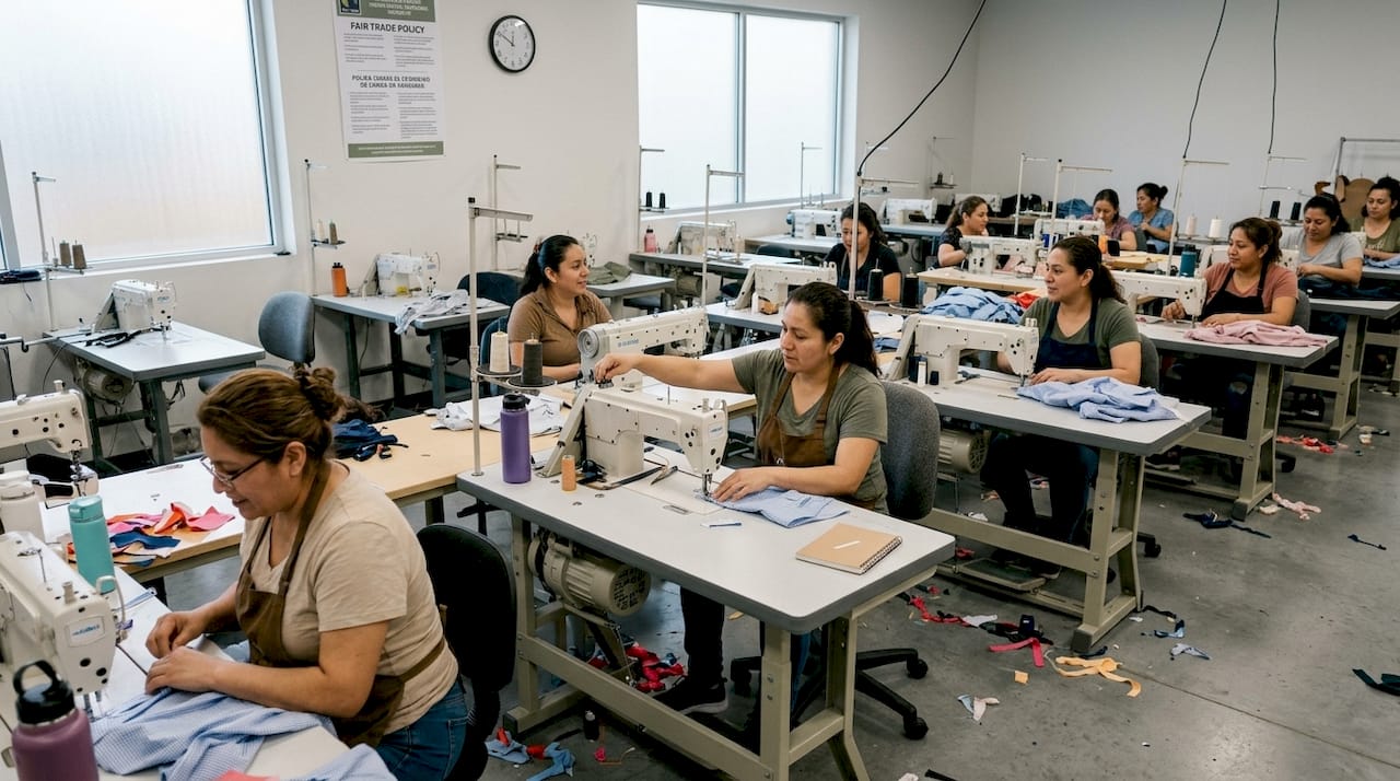 Kledingarbeiders die naaien in een Fair Trade-fabriek