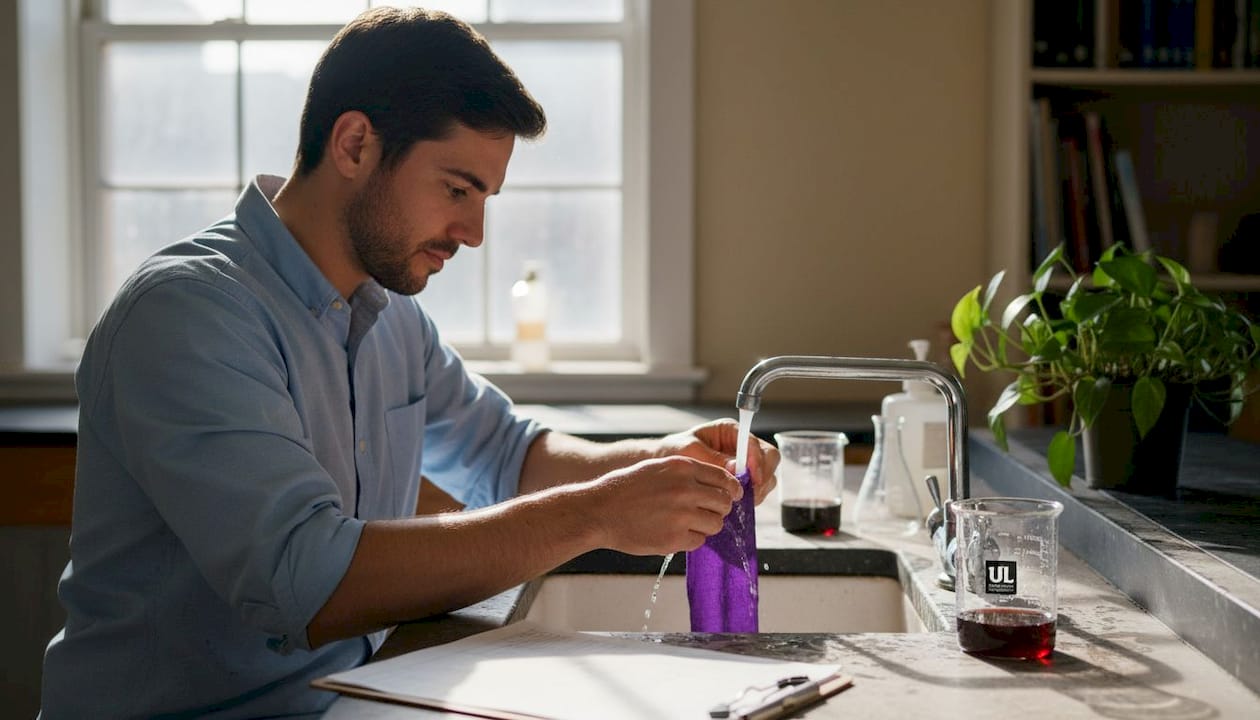 Lab assistant rinsing dyed fabric sample