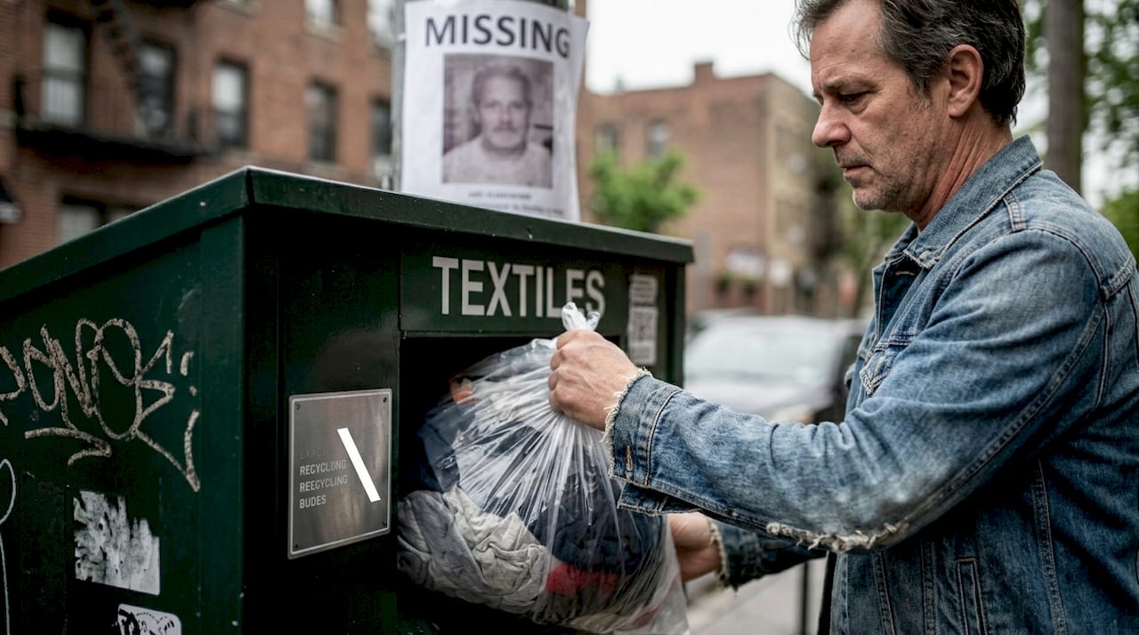 Man recycling old clothing at city bin
