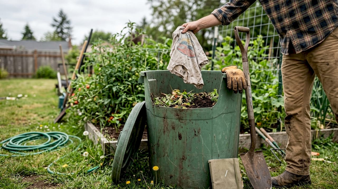 Old shirt added to garden compost bin