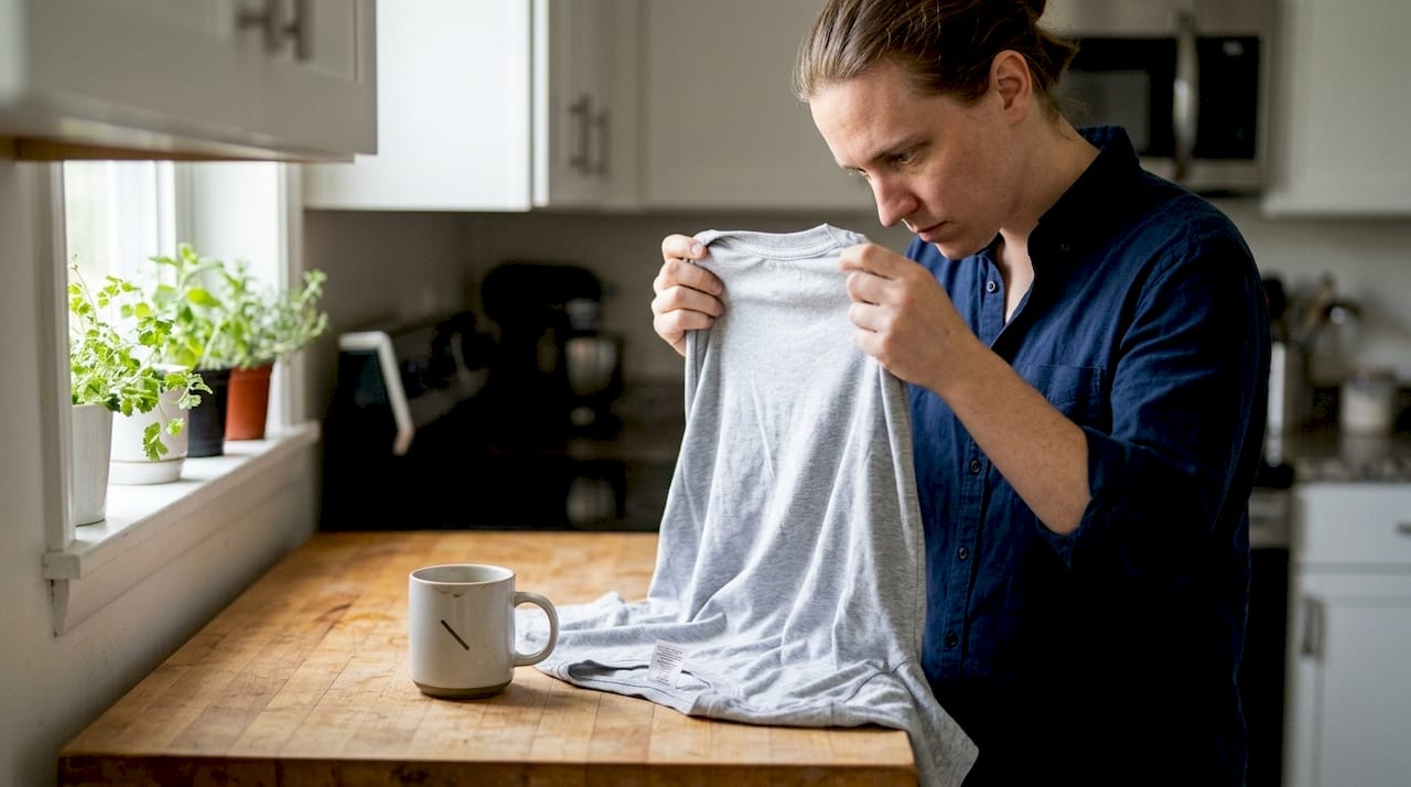 Mains inspectant le tissage d’un t-shirt en coton sur un comptoir