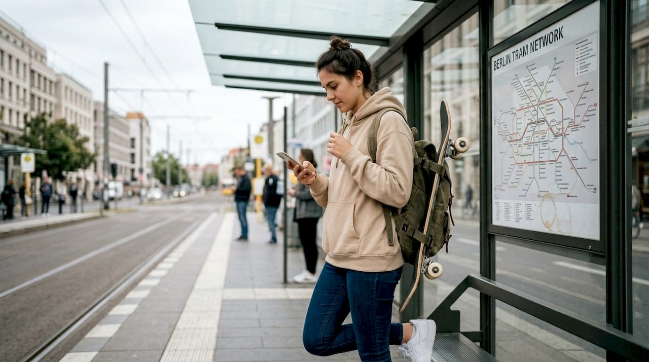 Woman adjusts oversized hoodie at tram stop