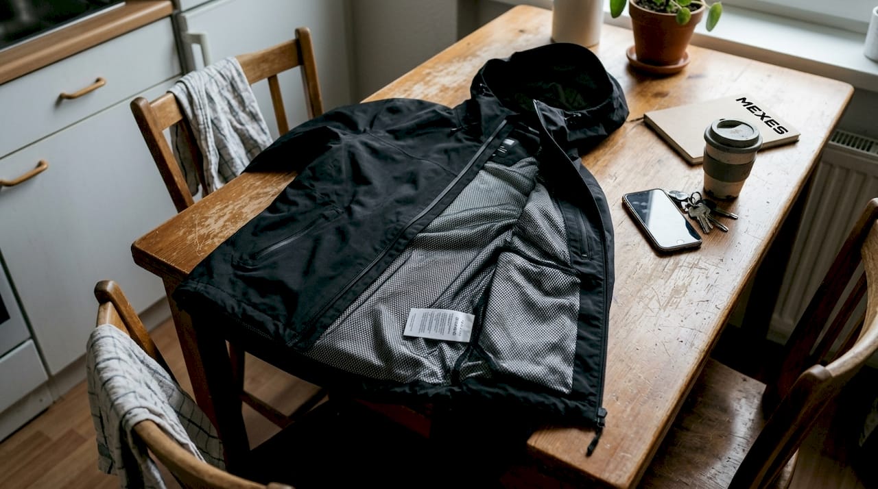 Techwear jacket with daily essentials on table