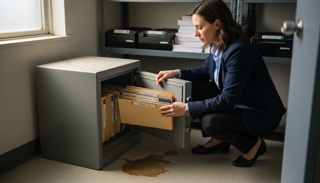 Office manager placing documents in fireproof safe