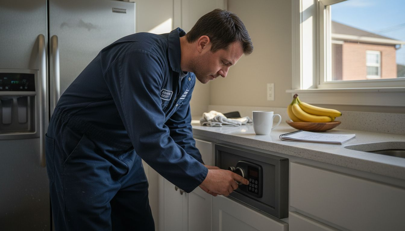 Technician adjusting safe keypad in apartment kitchen
