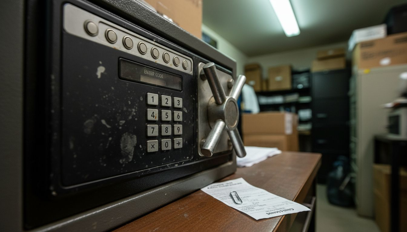 Detail of safe keypad and handle in use