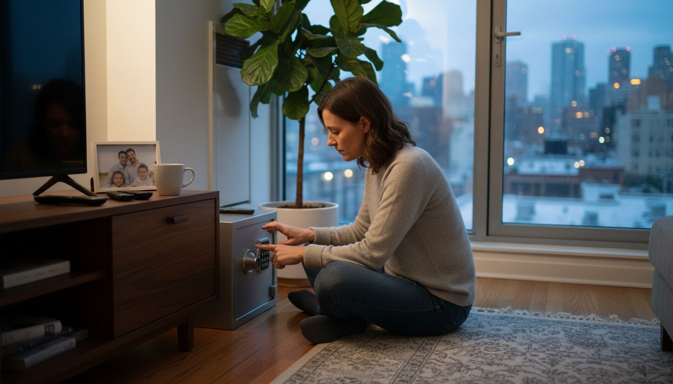 Woman setting digital safe in living room