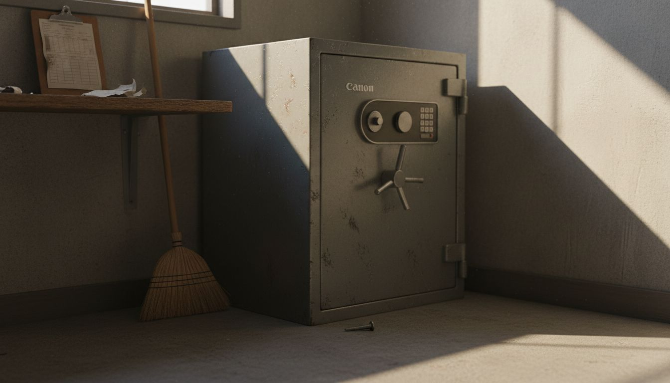Safe with keypad and security features visible