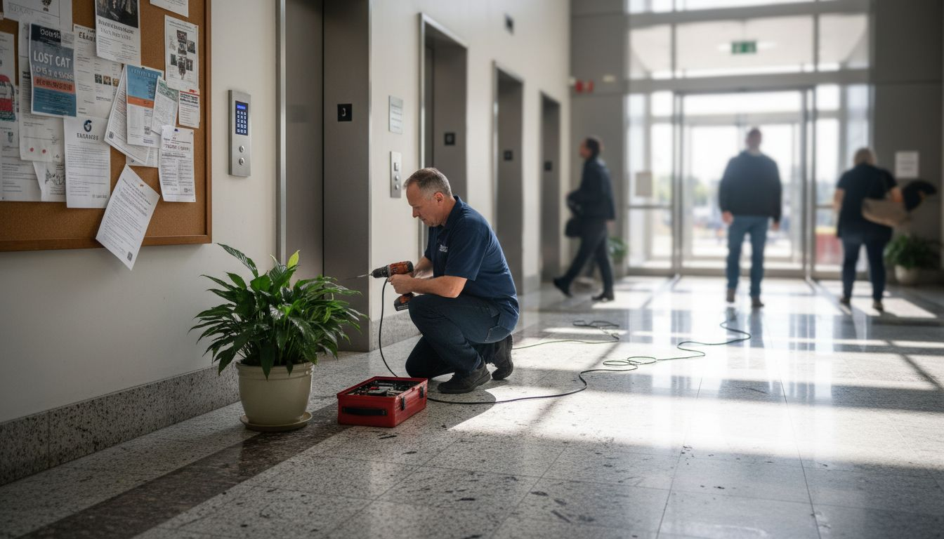 Technician installs security keypad in office lobby