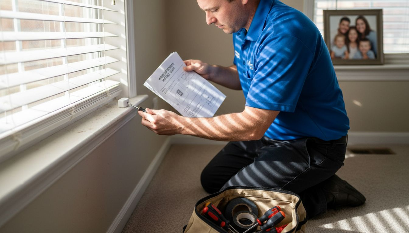 Technician installing sensor by living room window
