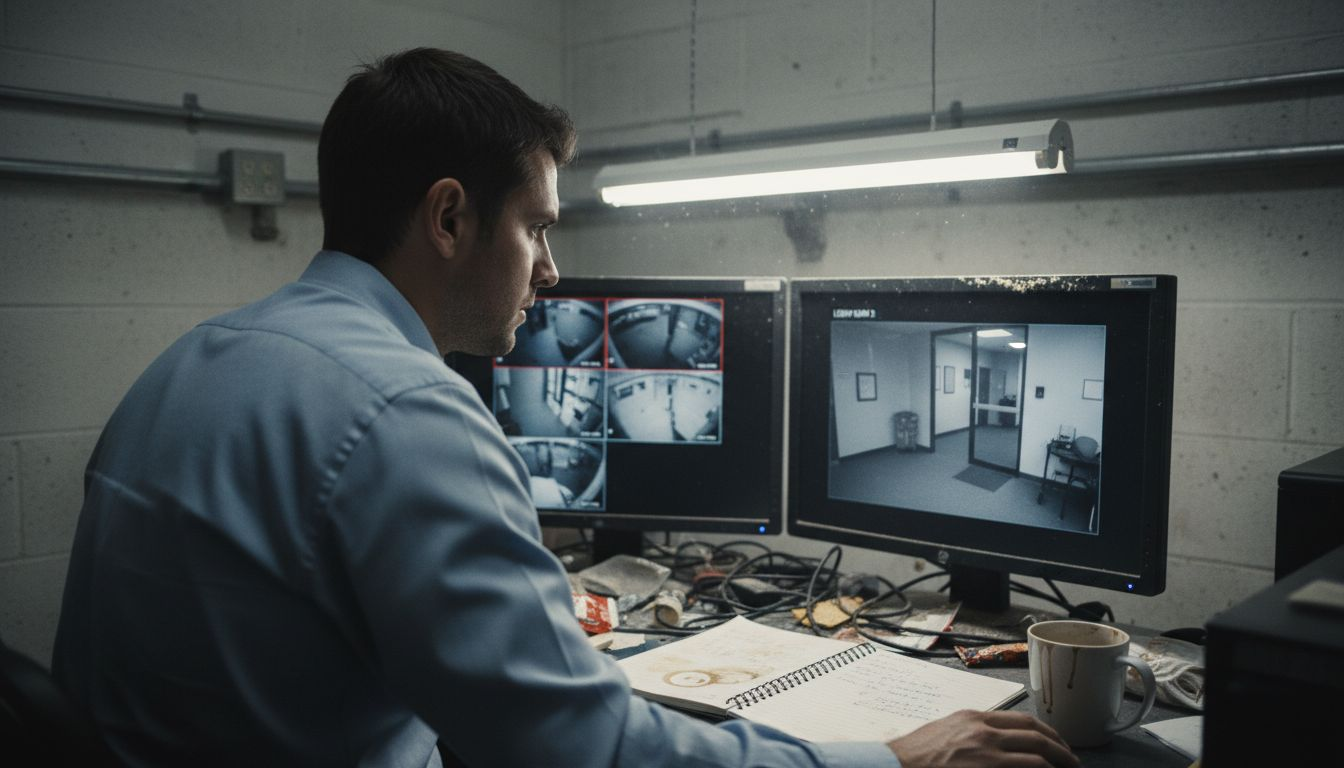 Consultant audits surveillance feeds in security room