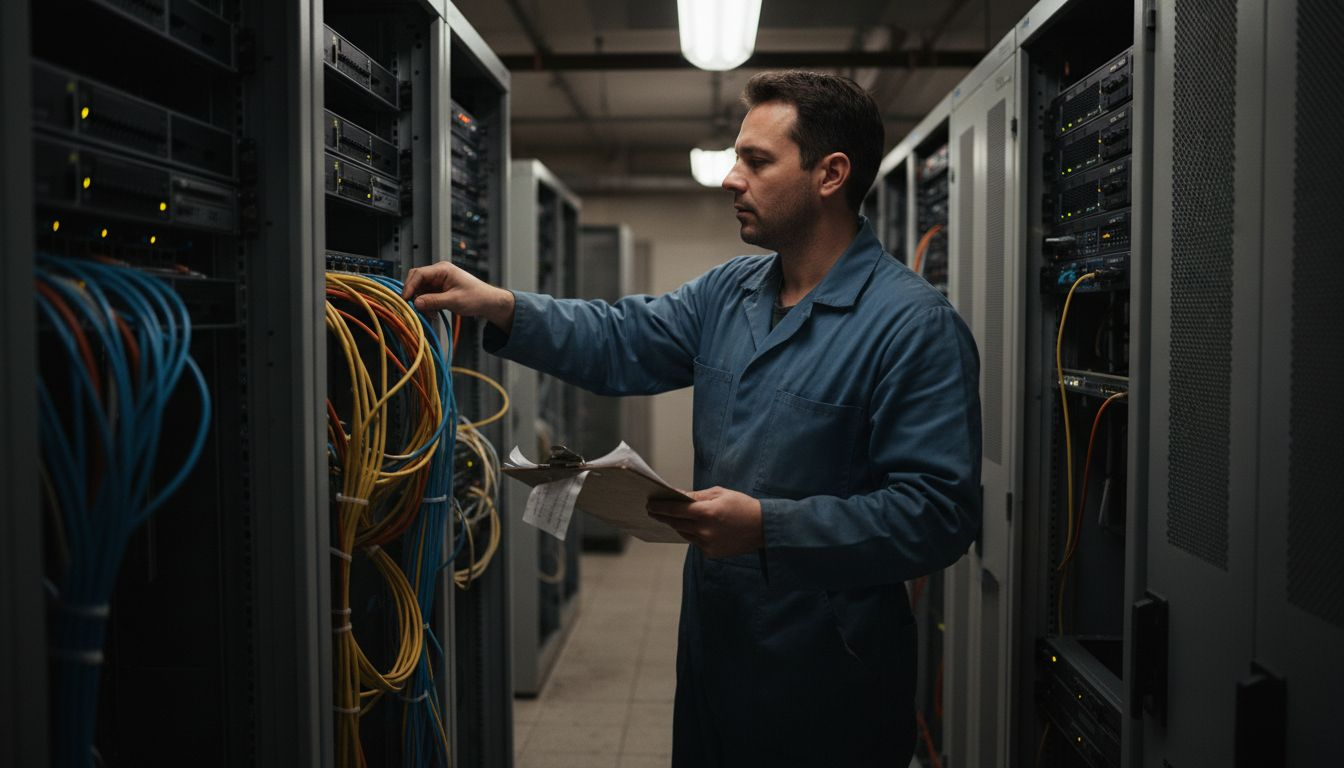 Technician repairing outdated server security system