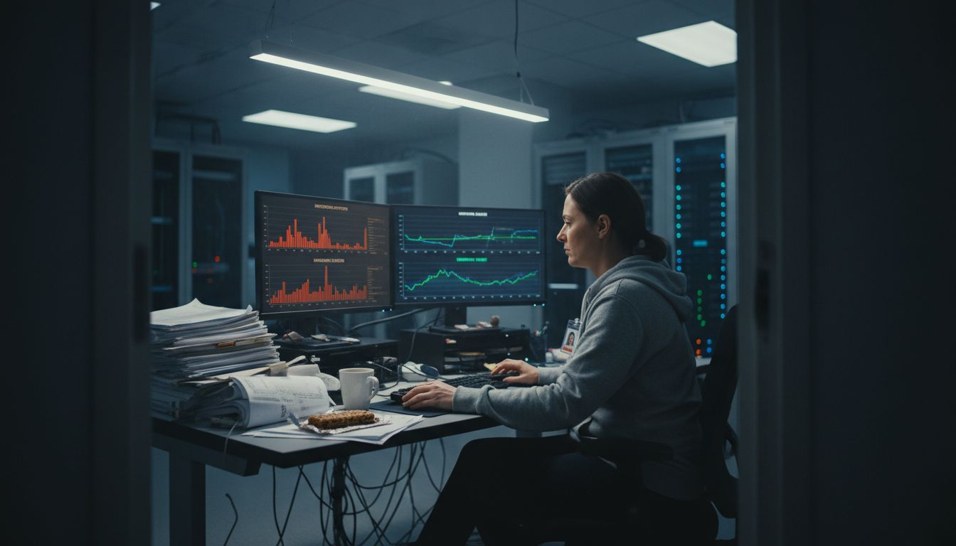 IT specialist monitoring threat alerts in data room