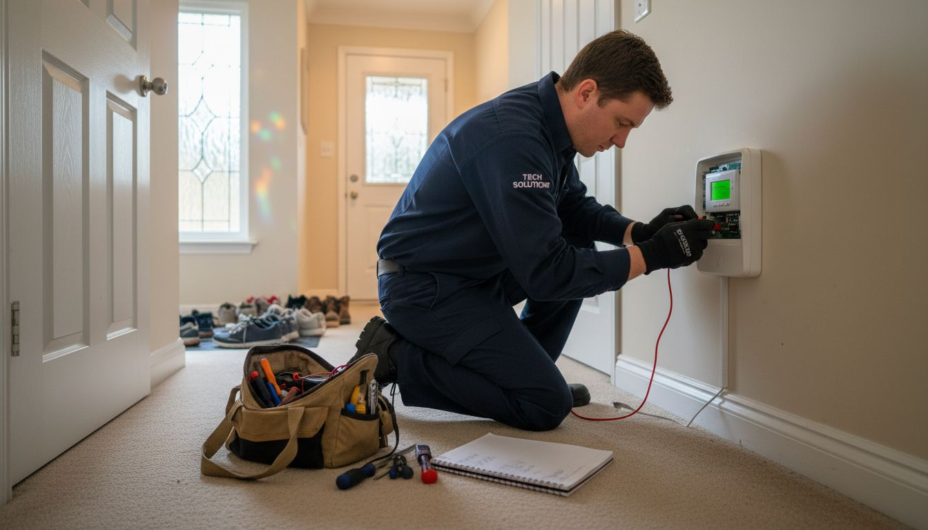 Technician evaluating home security system setup