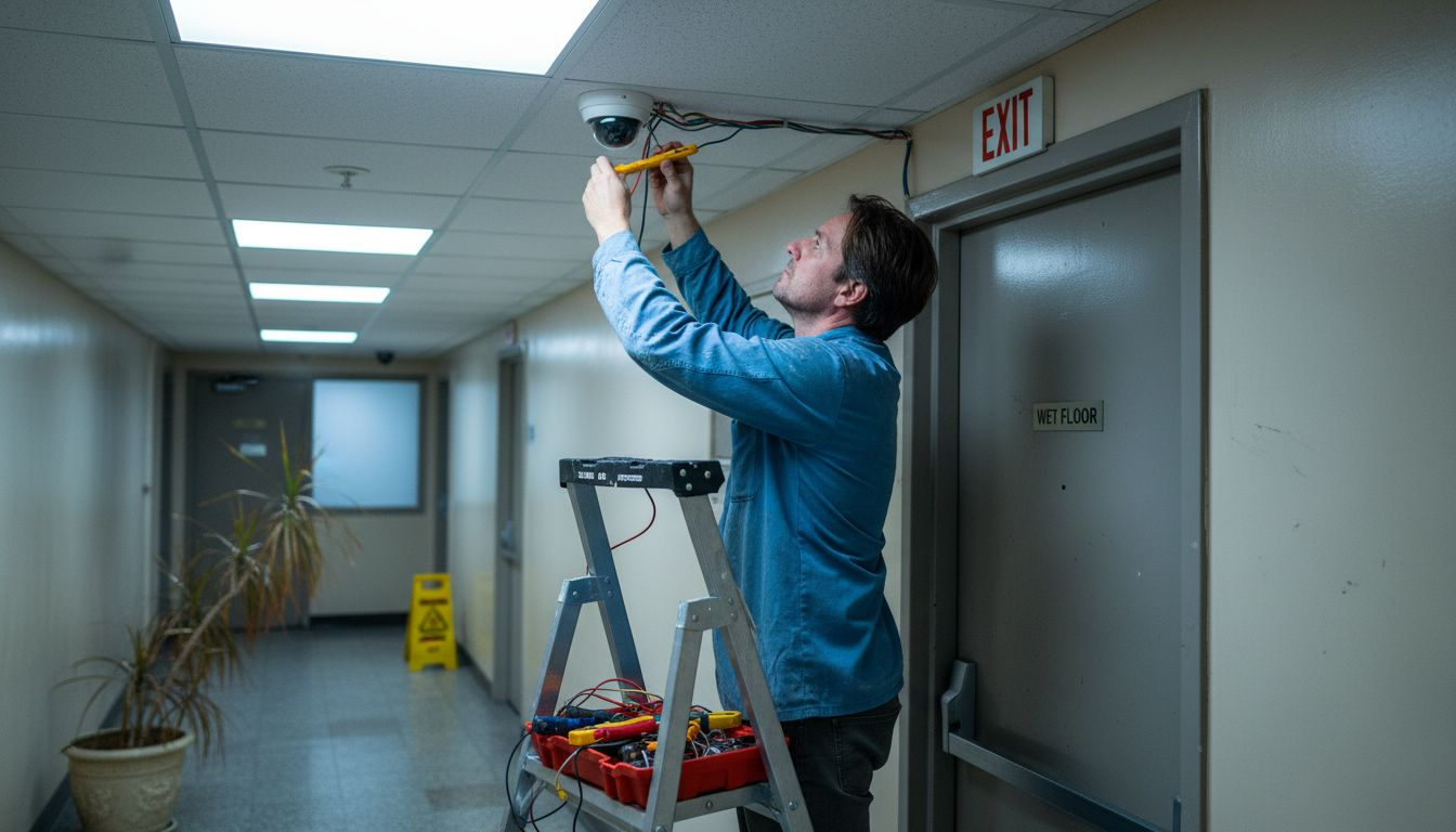 Technician installing hallway security camera