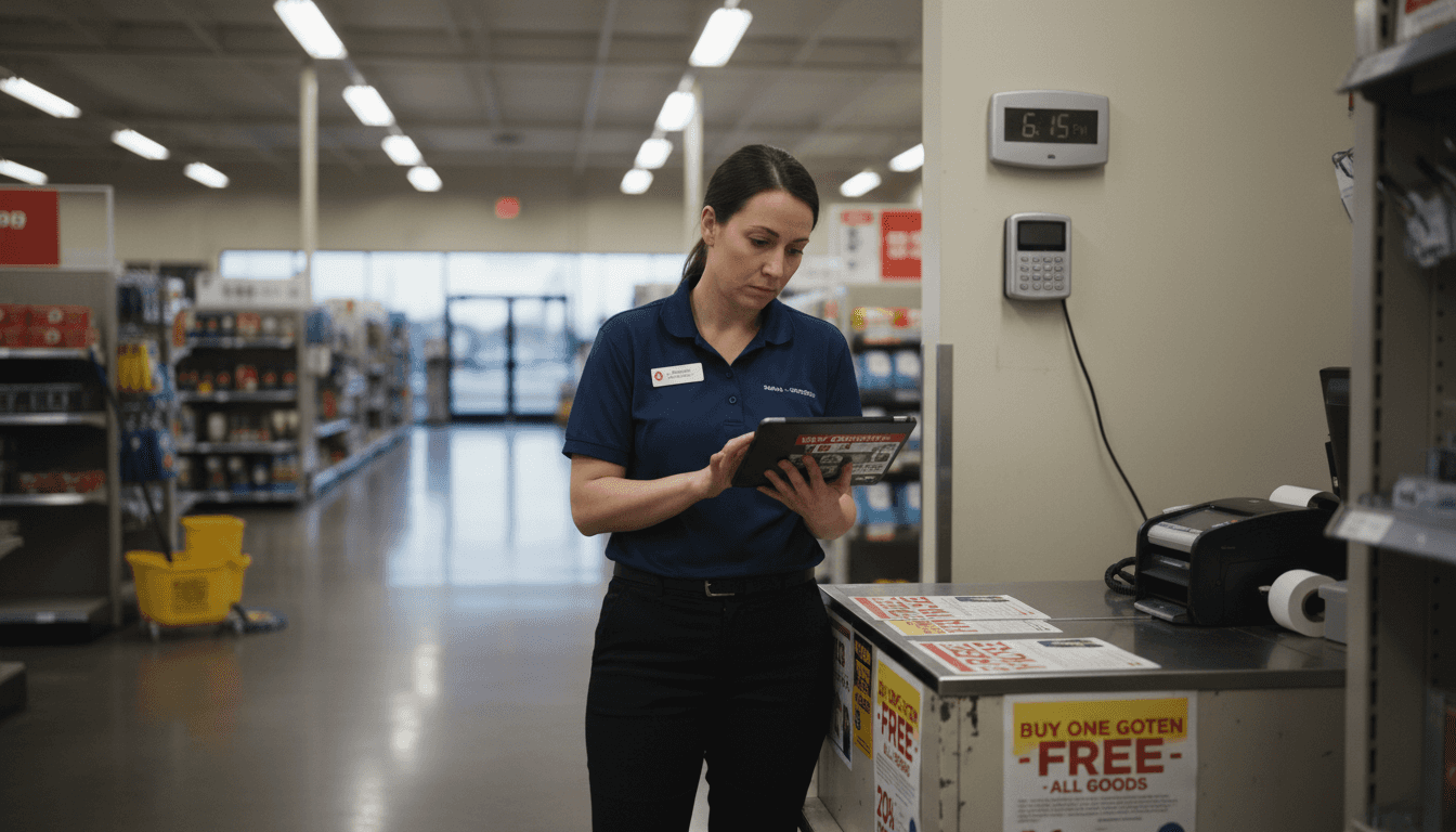 Retail supervisor checks tablet with security alerts