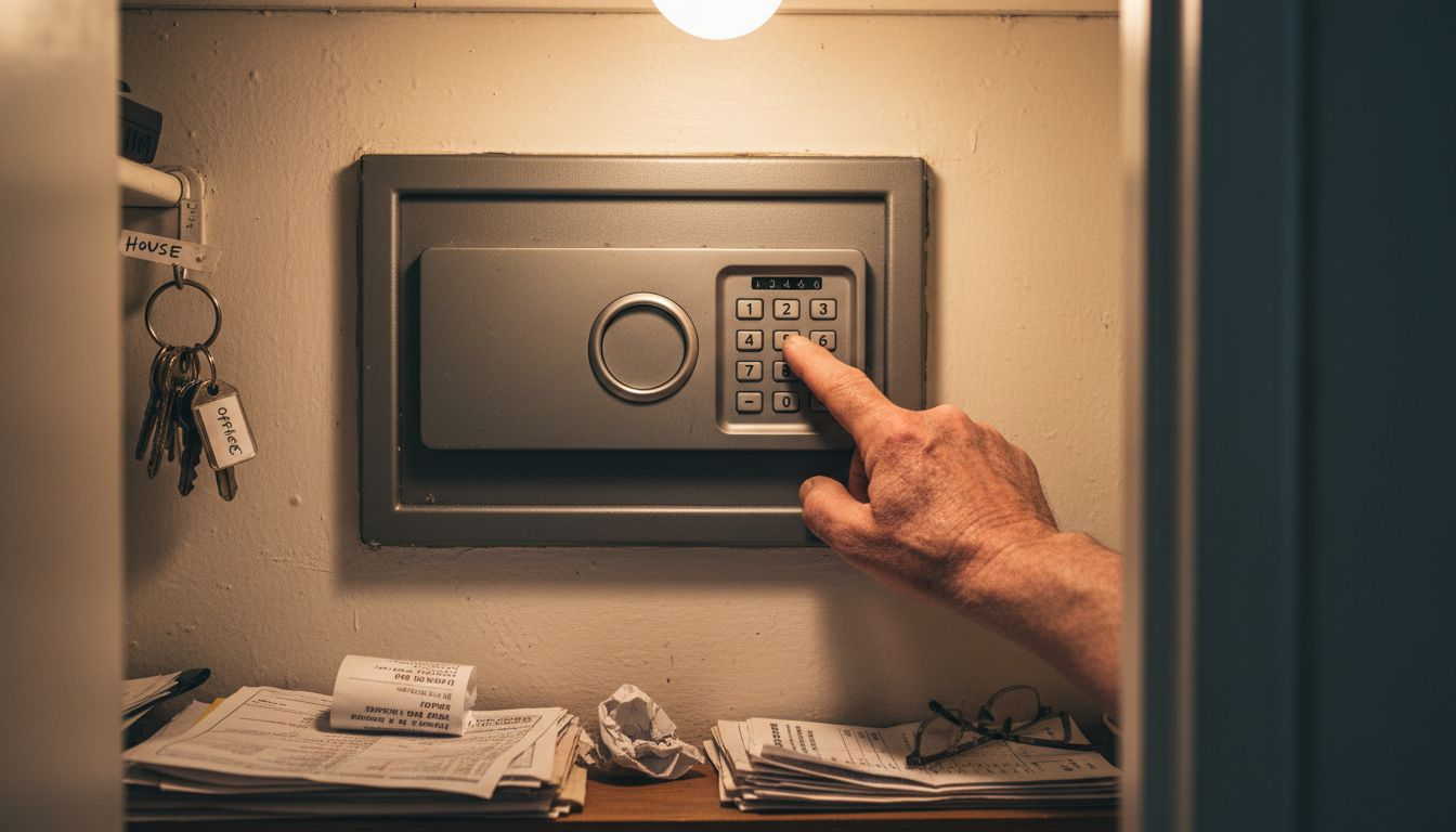 Close-up hand entering code on safe keypad