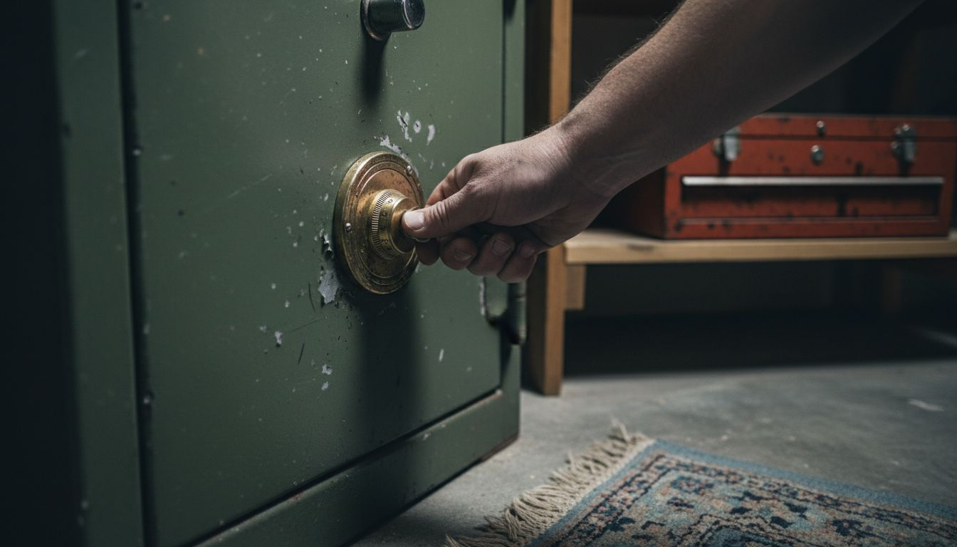 Person turning mechanical safe dial in basement