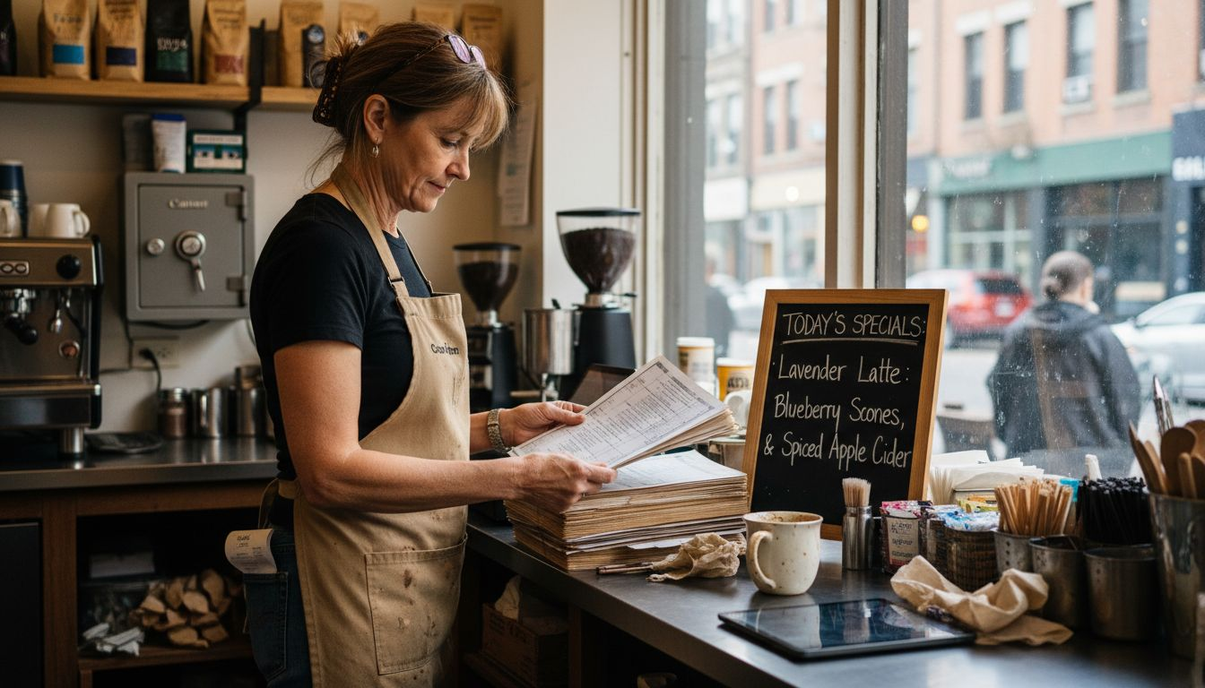Cafe owner checking security asset inventory sheets