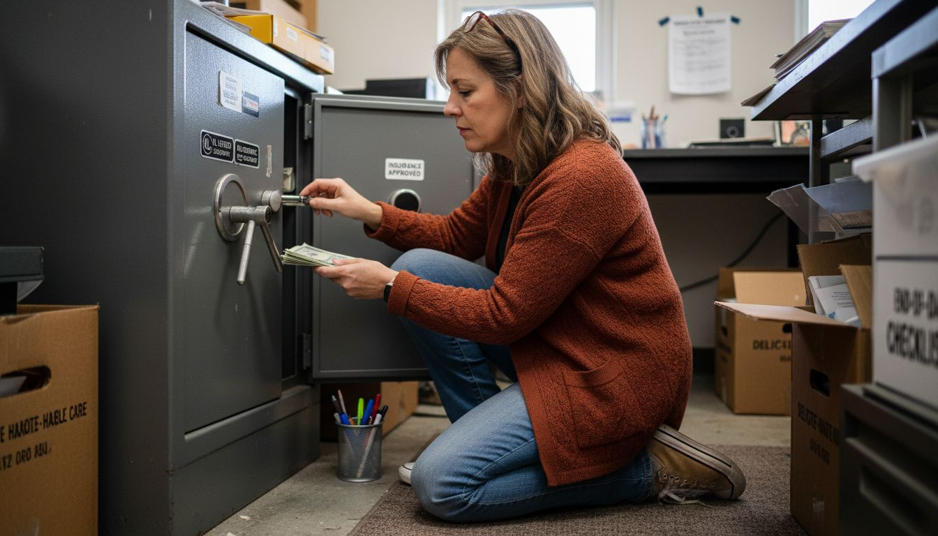 Business owner locking valuables in fireproof safe