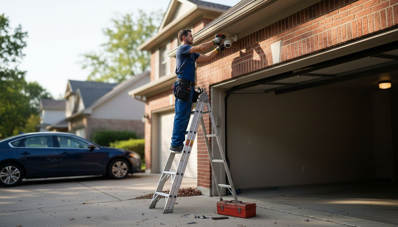 Technician installing outdoor surveillance camera