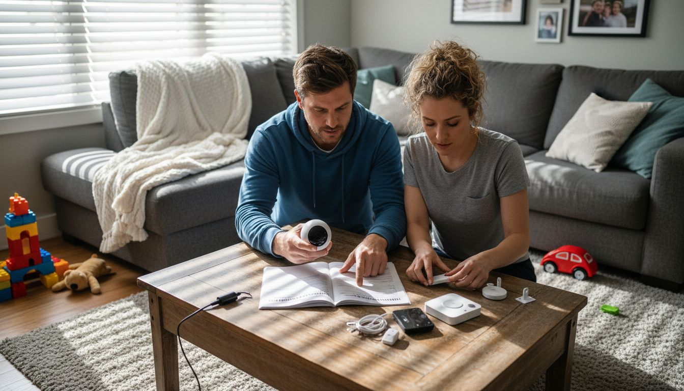 Couple arranging security devices in living room
