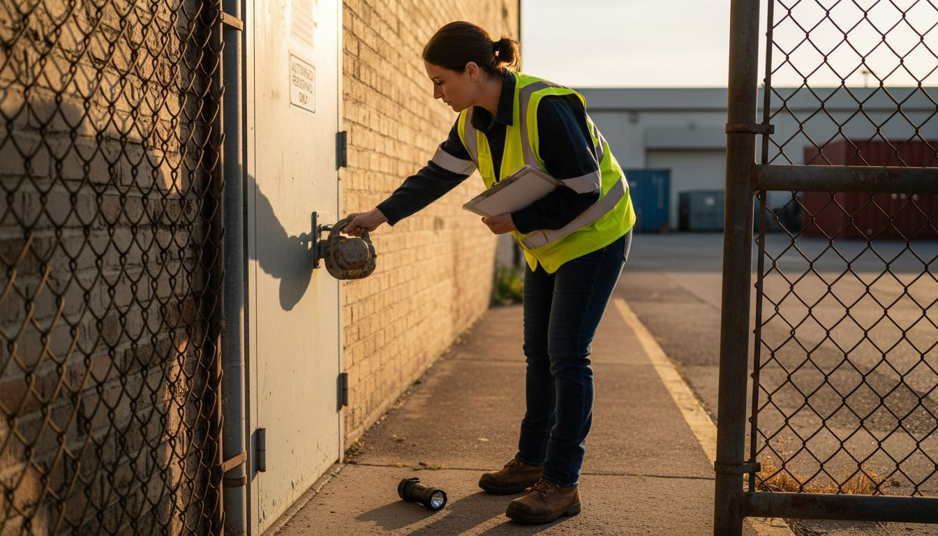 Manager checks strong lock at warehouse back door