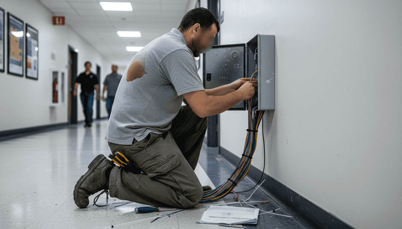 Technician wiring access control system in hallway