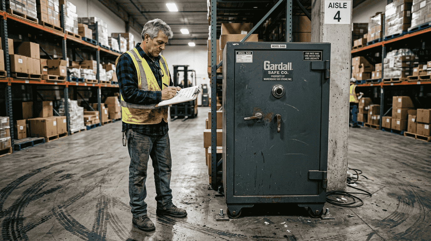 Manager beside anchored heavy safe in warehouse